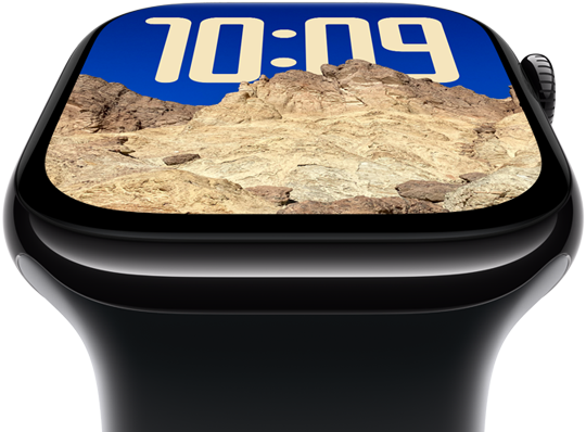 The screen of Apple Watch Series 10 tilting back to emphasize its larger screen area.