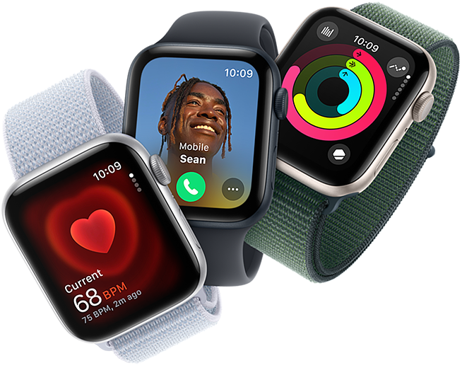 Heart rate monitoring, incoming call, and activity rings on three Apple Watch devices