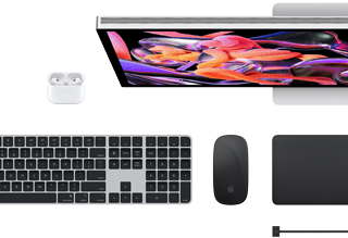 Mac accessories: Airpods, Studio Display, Magic Keyboard, Magic Mouse, Magic Trackpad, MagSafe charge cable in Space Black